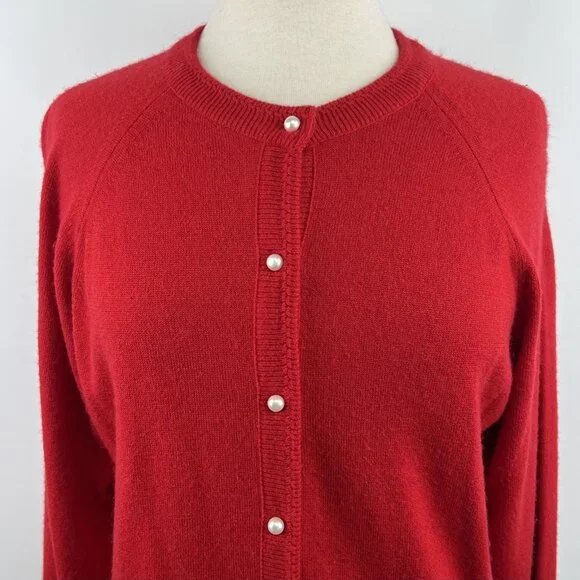 Vtg Designers Originals Sz L Red Cardigan Pearl Look Buttons Luxelon USA Made - Picture 2 of 7